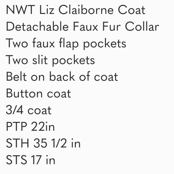 NWT Liz Claiborne XL Pea Coat/Fur Collar  NWT - Picture 10 of 10